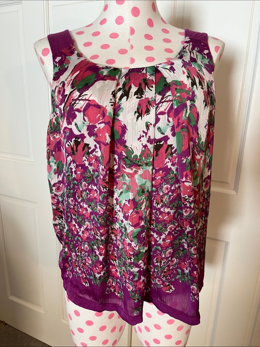 Allen B. By Allen Schwartz Floral Pleated Sleeveless Tank in Purple and Green